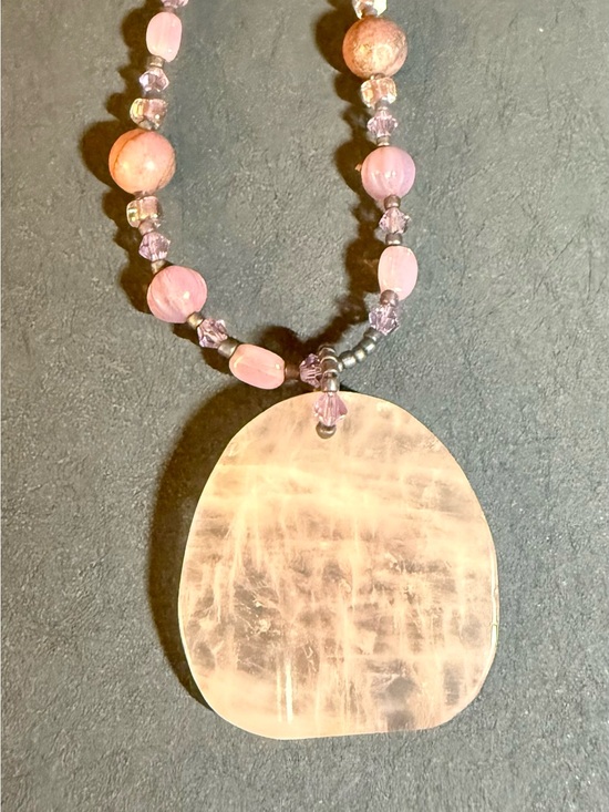 Hand Crafted Jewelry - Pink Crystal Pendant Necklace with Pink and Purple Stones and Beads